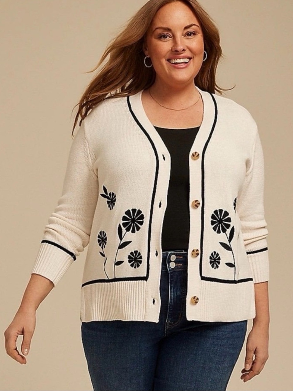 Maurice’s Cream Floral-Trim Button Cardigan Sweater